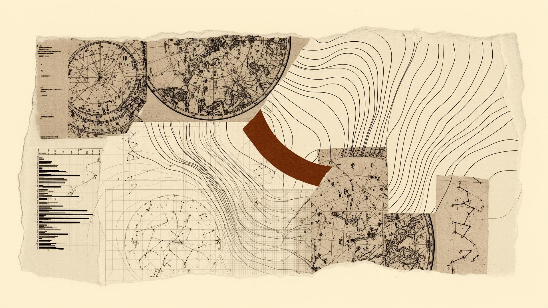 Editorial collage of contour lines, antique charts, and data graphs representing market and beyond-market intelligence